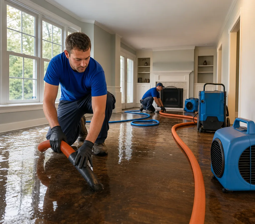 Technicians in protective gear extracting standing water from a Fairfax-area home with air movers staged nearby