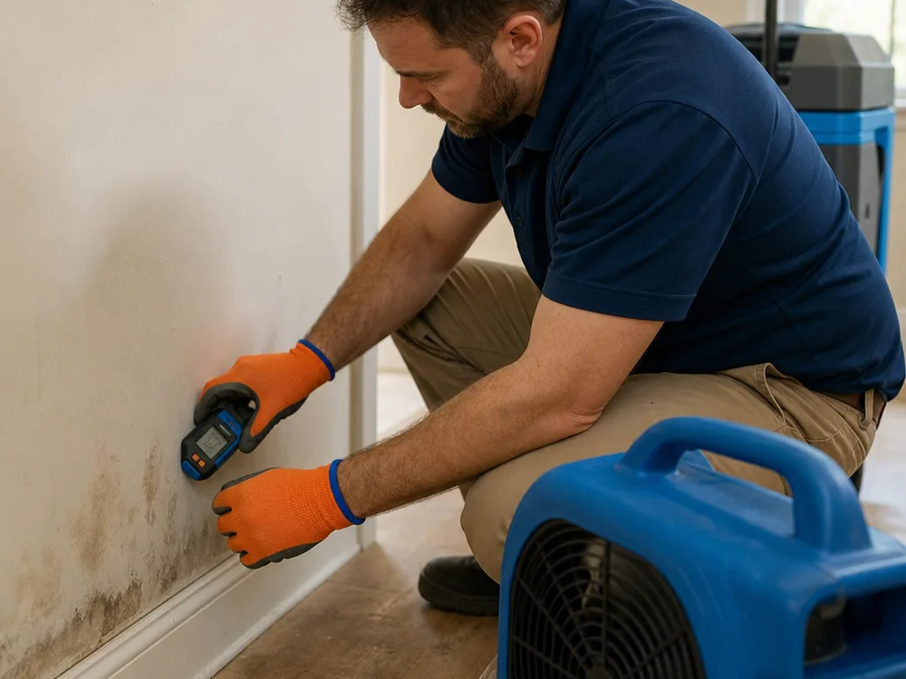 Moisture meter measuring subtly stained drywall beside a baseboard with drying equipment nearby