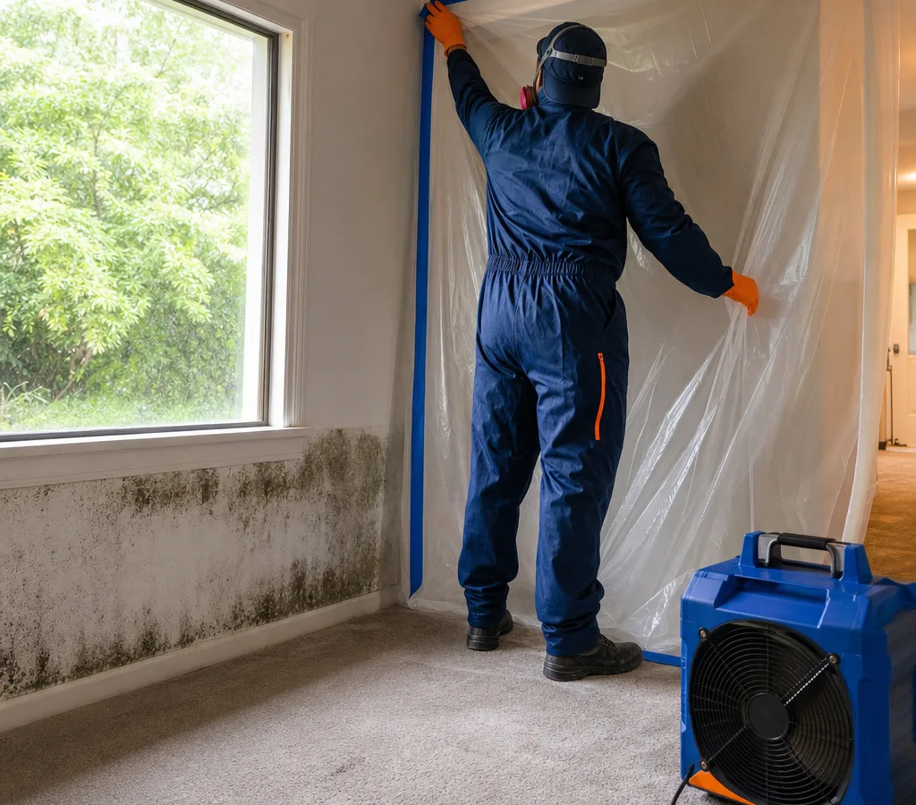 Technician setting up containment plastic and a HEPA air scrubber in a residential room with mold staining near a window