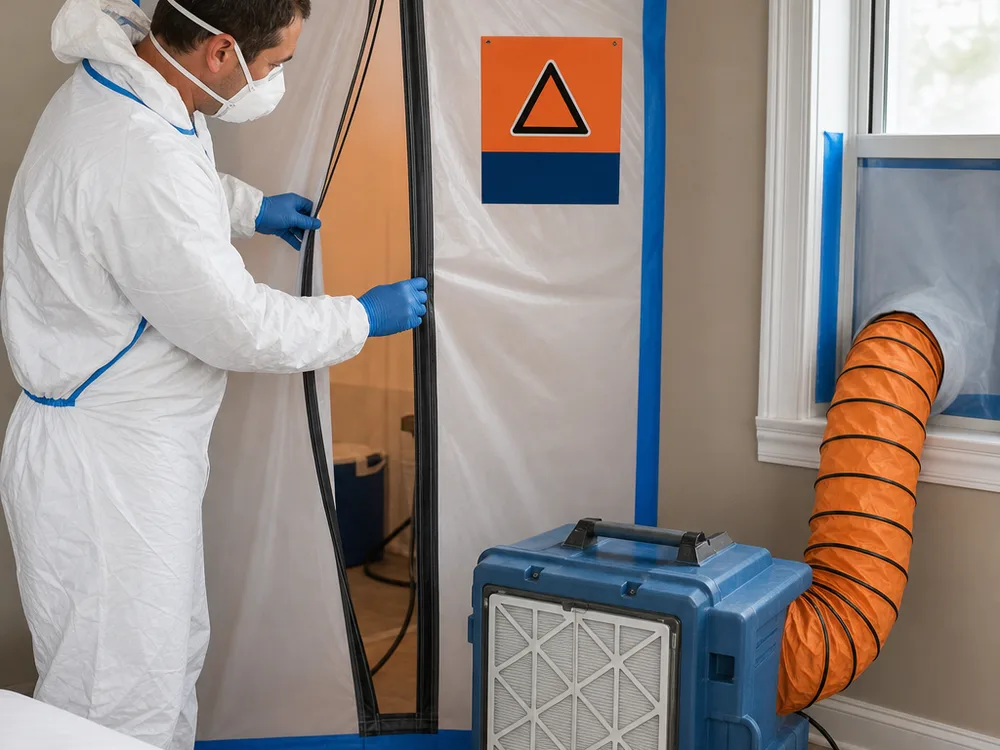 Containment doorway with zipper entry and a HEPA air scrubber ducted to a window in a controlled mold remediation work zone