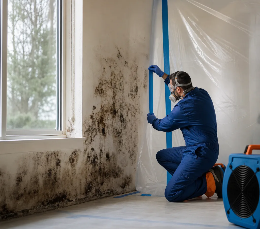 Technician setting up containment around mold-stained drywall in a Fairfax-area home