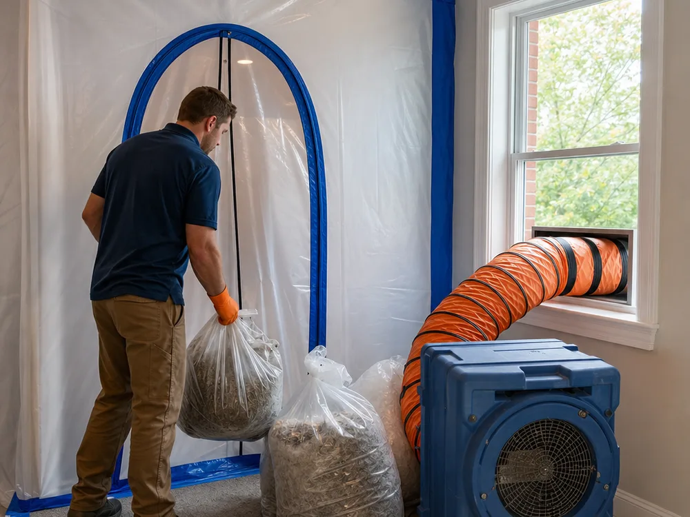 Contained mold-removal work area with zipper door, negative air machine, and labeled waste bags