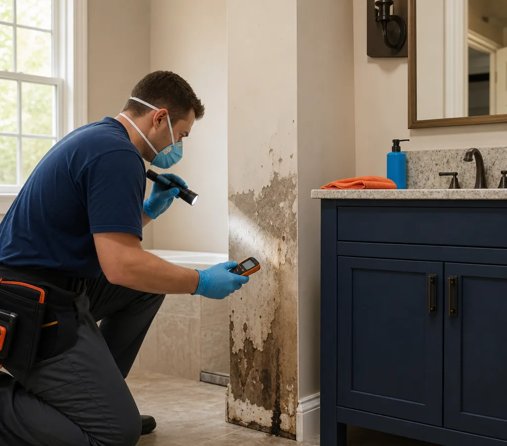 Inspector in protective equipment examining drywall near a bathroom vanity with a flashlight and moisture meter in a Fairfax-area home