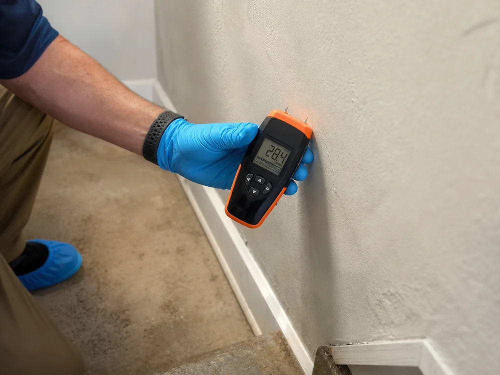 Inspector in protective equipment taking a moisture meter reading from baseboard and drywall at a Fairfax home basement stairwell