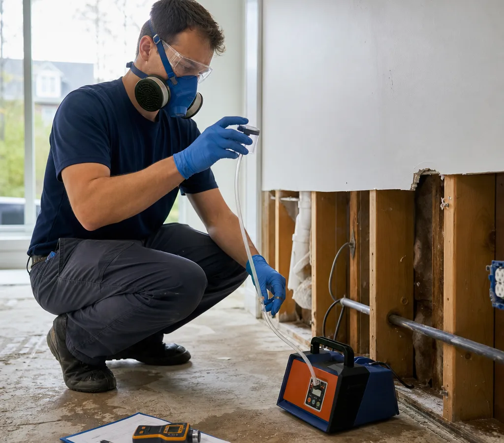 Inspector in protective equipment collecting an indoor air sample with a calibrated pump, spore trap cassette, clipboard, and moisture meter in a Fairfax-area home
