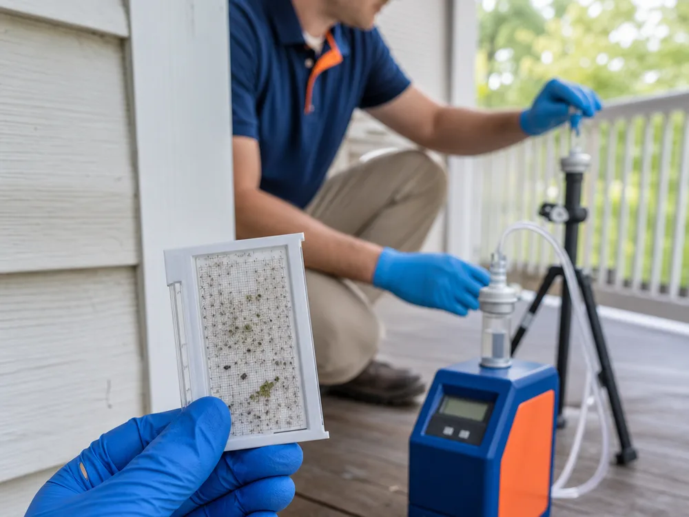 Labeled spore trap cassette beside a calibrated air sampling pump while an outdoor reference sample is collected on a porch