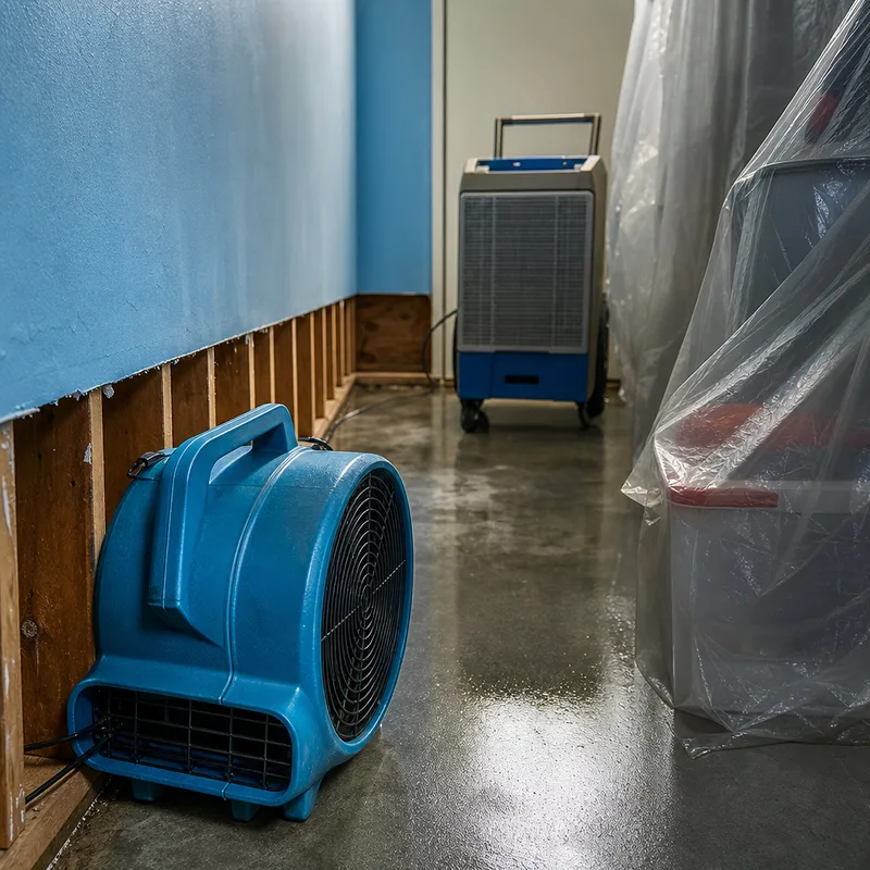 Basement drying setup with an air mover, dehumidifier, and plastic containment protecting stored items