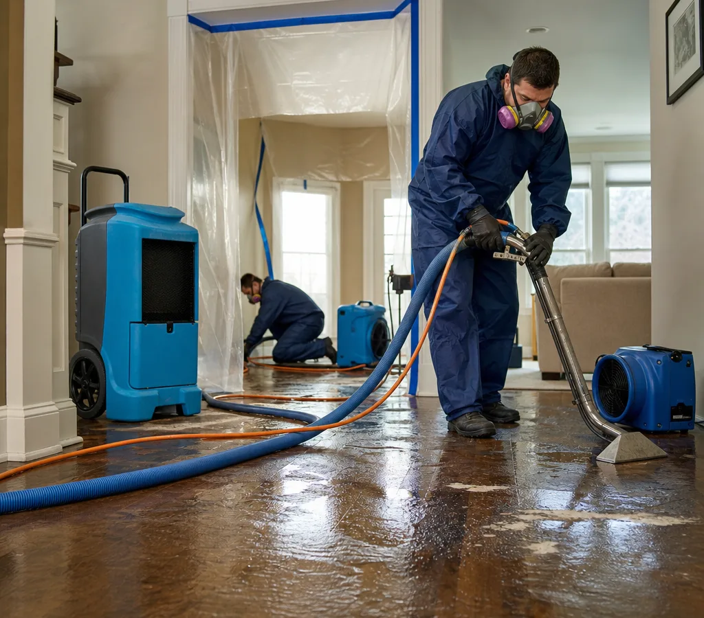 Technicians in protective gear using water extraction equipment inside a Fairfax home, with air movers and dehumidifiers staged for drying