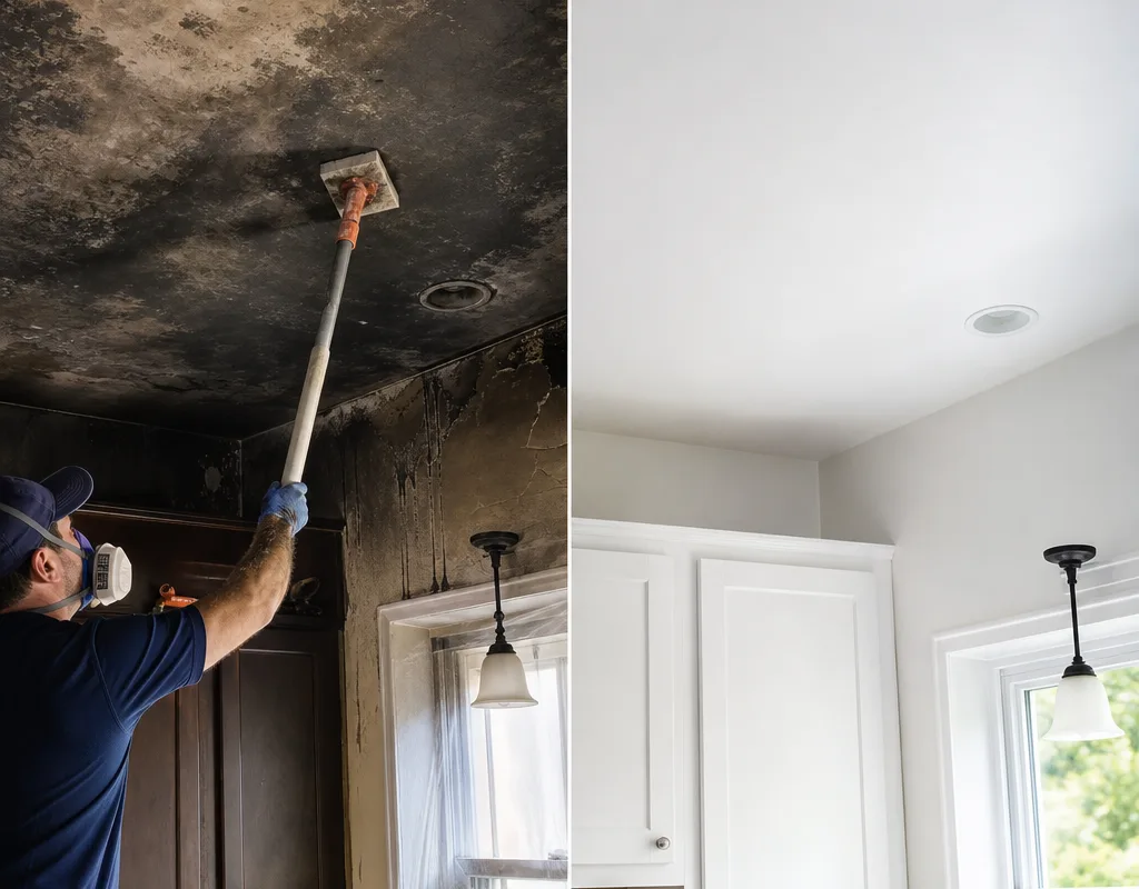 Before-and-after view of a smoke-stained kitchen ceiling and walls restored after soot removal, sealing, and repainting