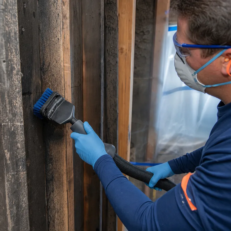 Close-up of soot being carefully removed from unfinished wood framing with HEPA capture