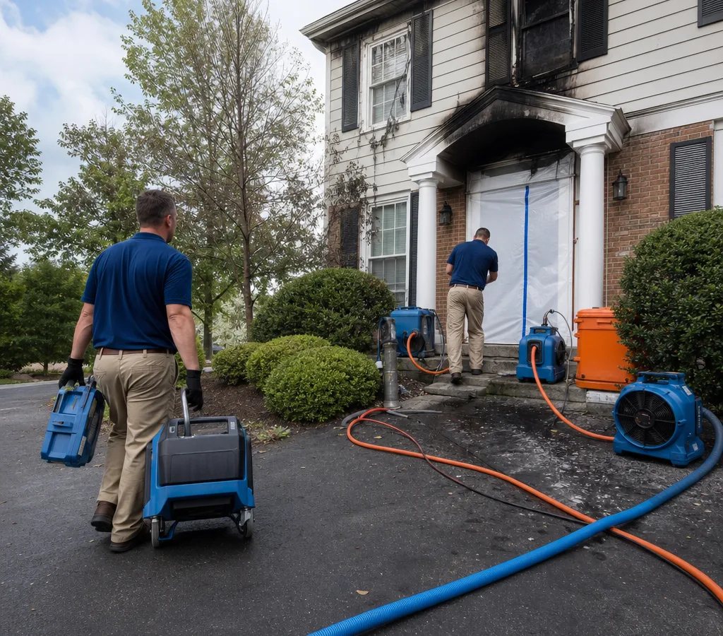 Fairfax home after a small fire with restoration technicians staging containment and equipment near the entry