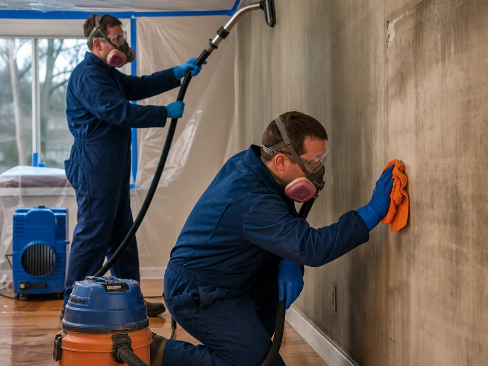 Technicians in protective equipment using HEPA vacuuming and soot cleaning inside a contained smoke-affected living room