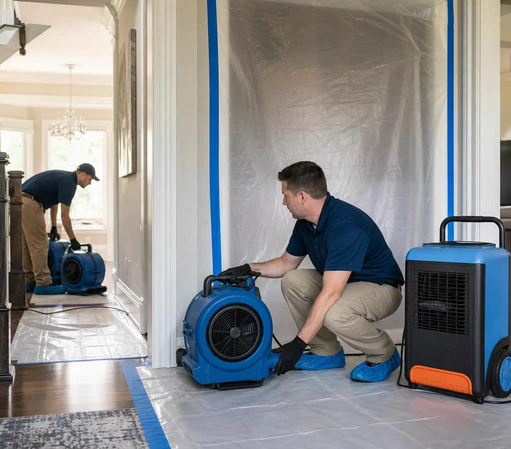 Restoration technicians setting up air movers and a dehumidifier in a water-damaged Fairfax home
