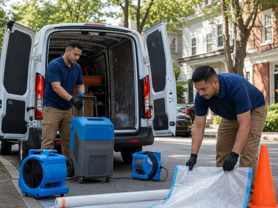Two-person Fairfax restoration crew staging drying equipment and protective coverings